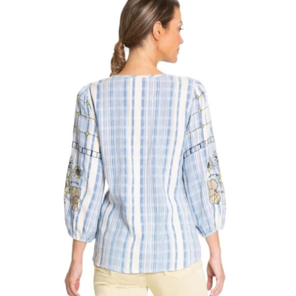 EMBROIDERED Tassel TIE NECK PEASANT TOP blue/cream stripe NWT Sz S - Picture 2 of 7